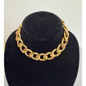 Michael Kors Gold Chain Link Necklace Leather Clasp Statement Chunky